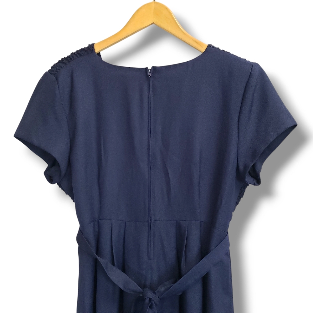 Vintage EJM Navy Blue Textured Belted Midi Dress Size 10 - Picture 6 of 10